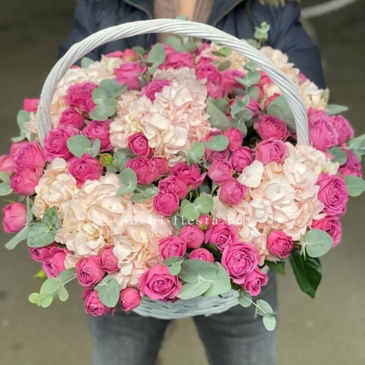 Корзина с гортензией и Мисти Баблс в Красной Поляне