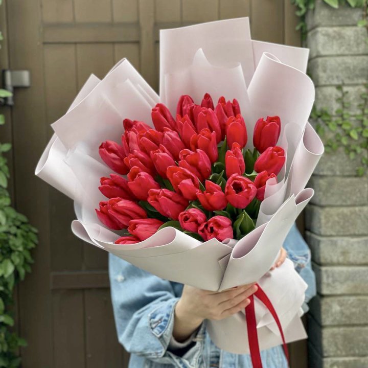 35 красных тюльпанов в Красной Поляне